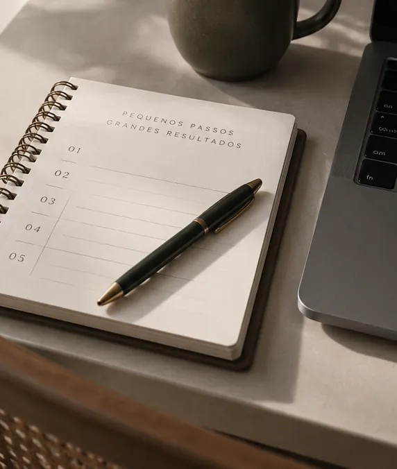 Caderno aberto com a lista Pequenos passos, grandes resultados